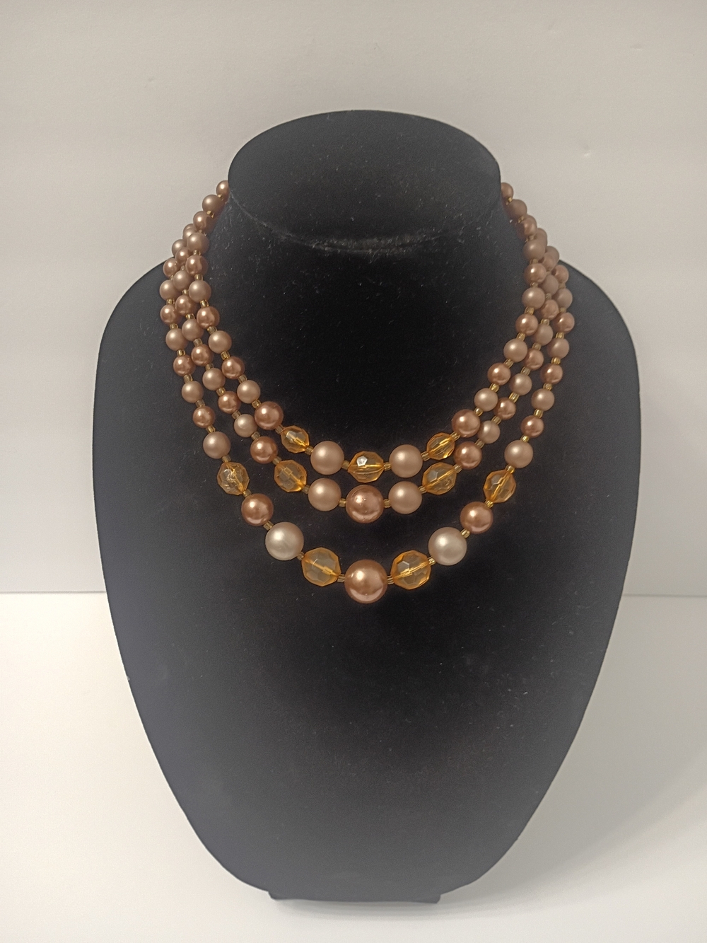 Vintage Japan Multi-Strand Faux Pearl and Amber Bead Necklace -Rose Gold-Tone